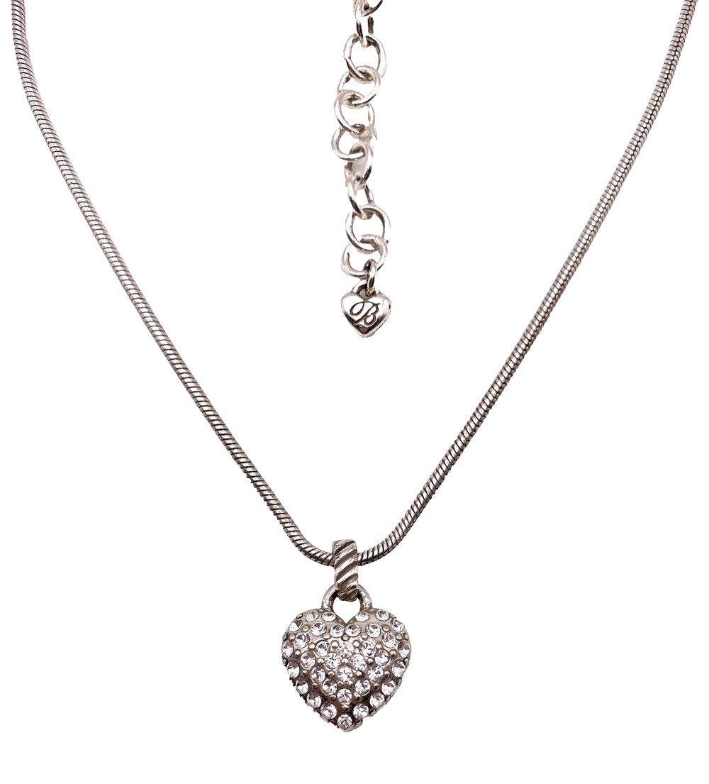 BRIGHTON SACRED HEART Puffy Pave Crystal Silver 3/4 Heart Necklace reversible